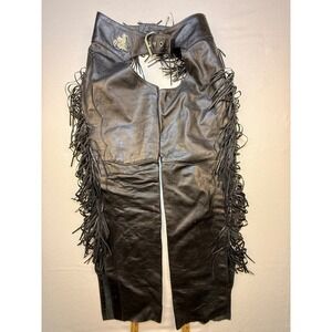 Dallas Premium Leather Chaps Womens L Black Fringe Western Motorcycle Betty Boop